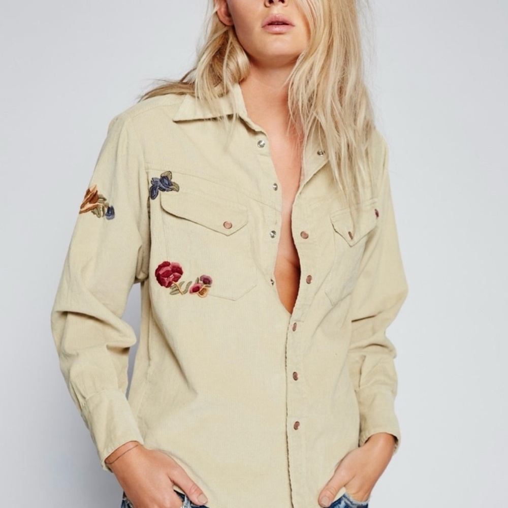 Free people corduroy embroidered ivory shirt  Size Medium M. 100% cotton